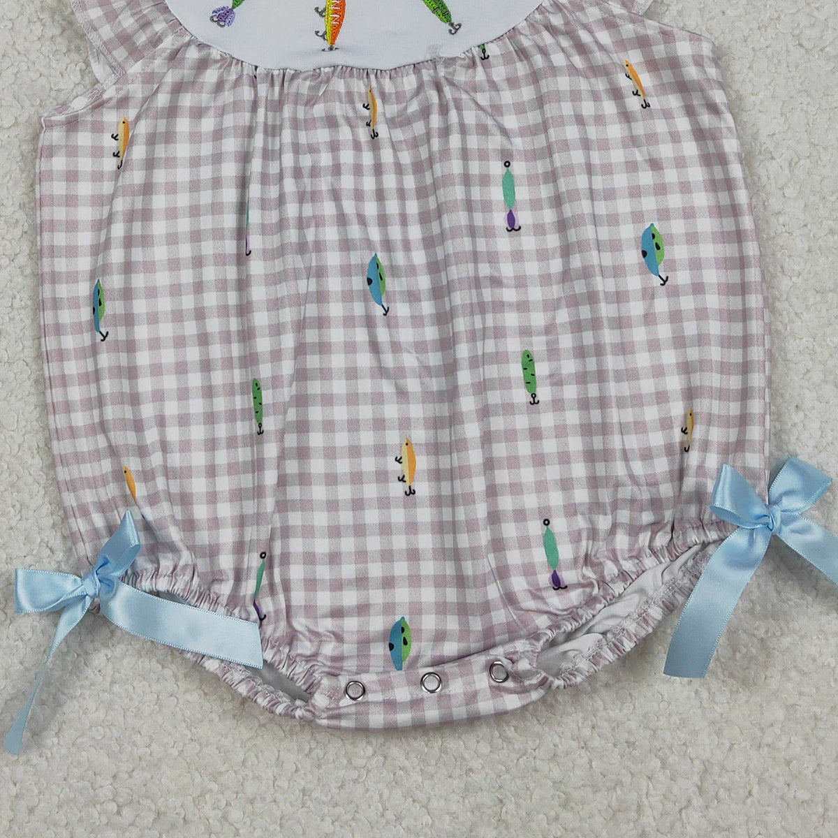 12.16 RTS NO MOQ （In stock）SR3395 Baby Girls Summer Rompers Embroidery Fishing Baby Girls Flutter Sleeve Checked Hunting Rompers