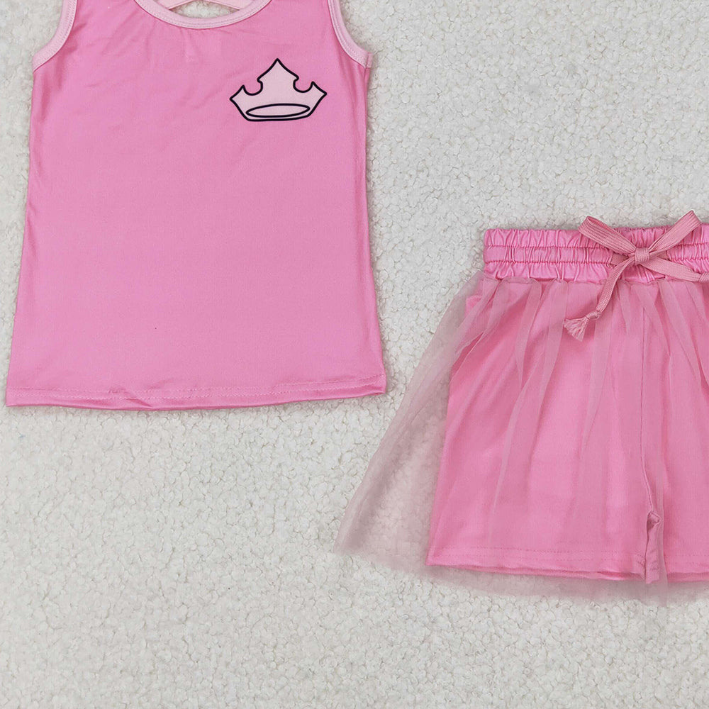 4.30 GSD2066  RTS NO MOQ Baby Girls Hot Pink Sleeveless Crown Top Tulle Skirt With Short Set