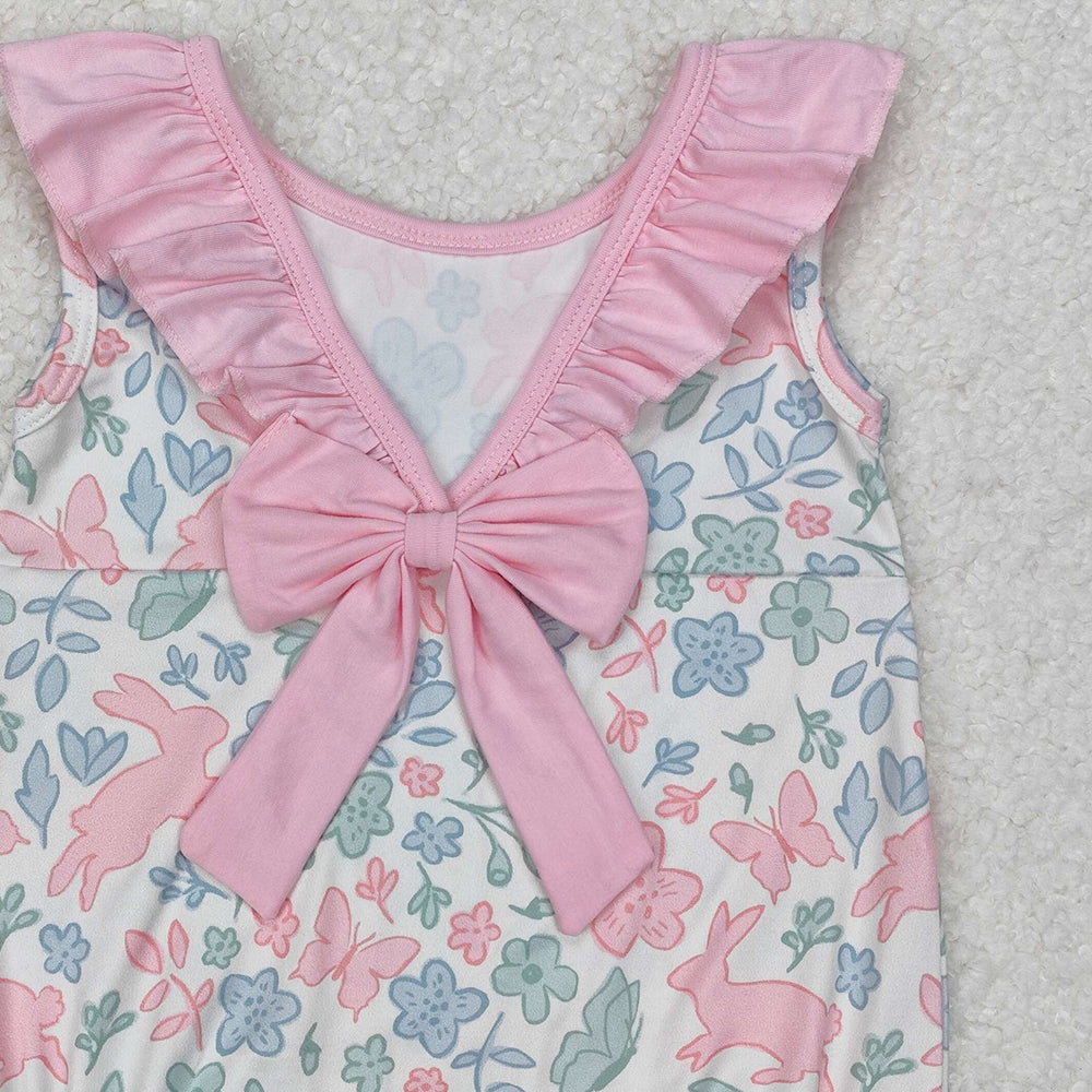 SR2546Floral Bunny Baby Girls Sleeveless Ruffle Romper Easter Outfit Spring Summer Casual Kids Clothing