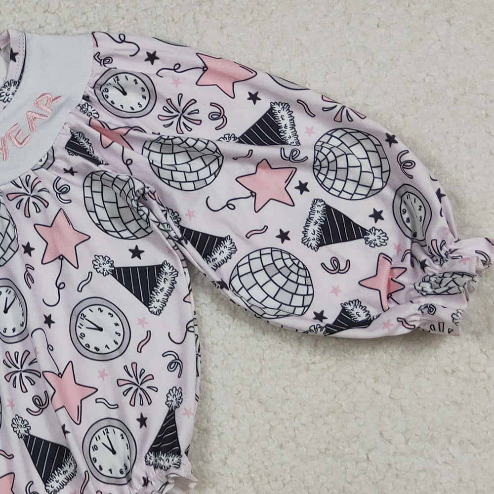 10.10 RTS NO MOQ （In stock）LR2493 Baby Girls Winter Rompers Embroidery Happy New Year Baby Girls Stars Firework Ruffle Rompers