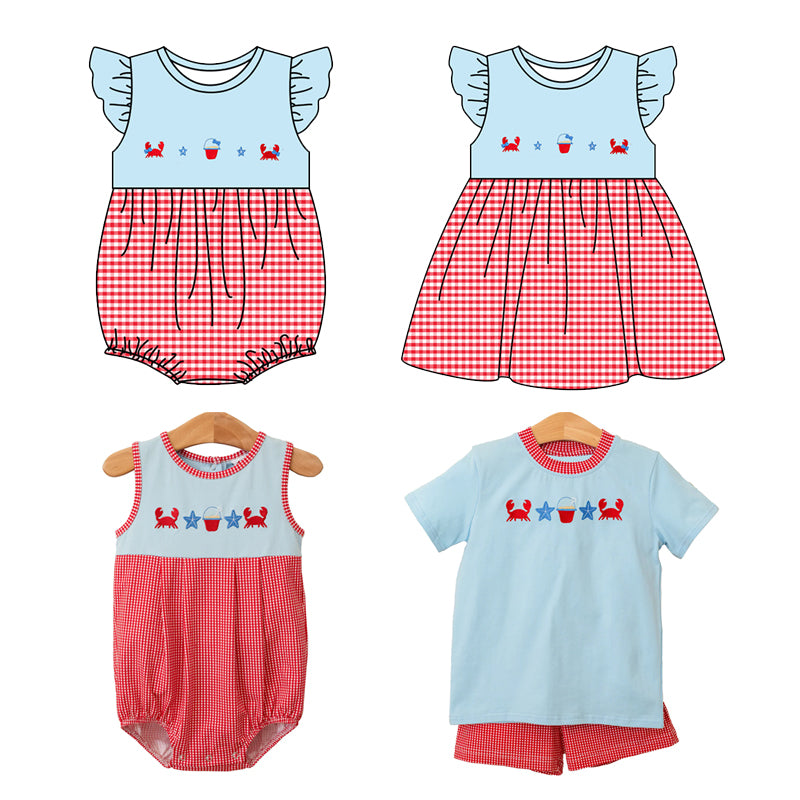 Crab starfish top plaid shorts boys summer outfits