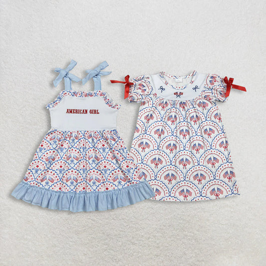 2.11 RTS Sibling Baby Girls Summer Embroidery Bows Flags Checked 4th of July Knee Length Dresses