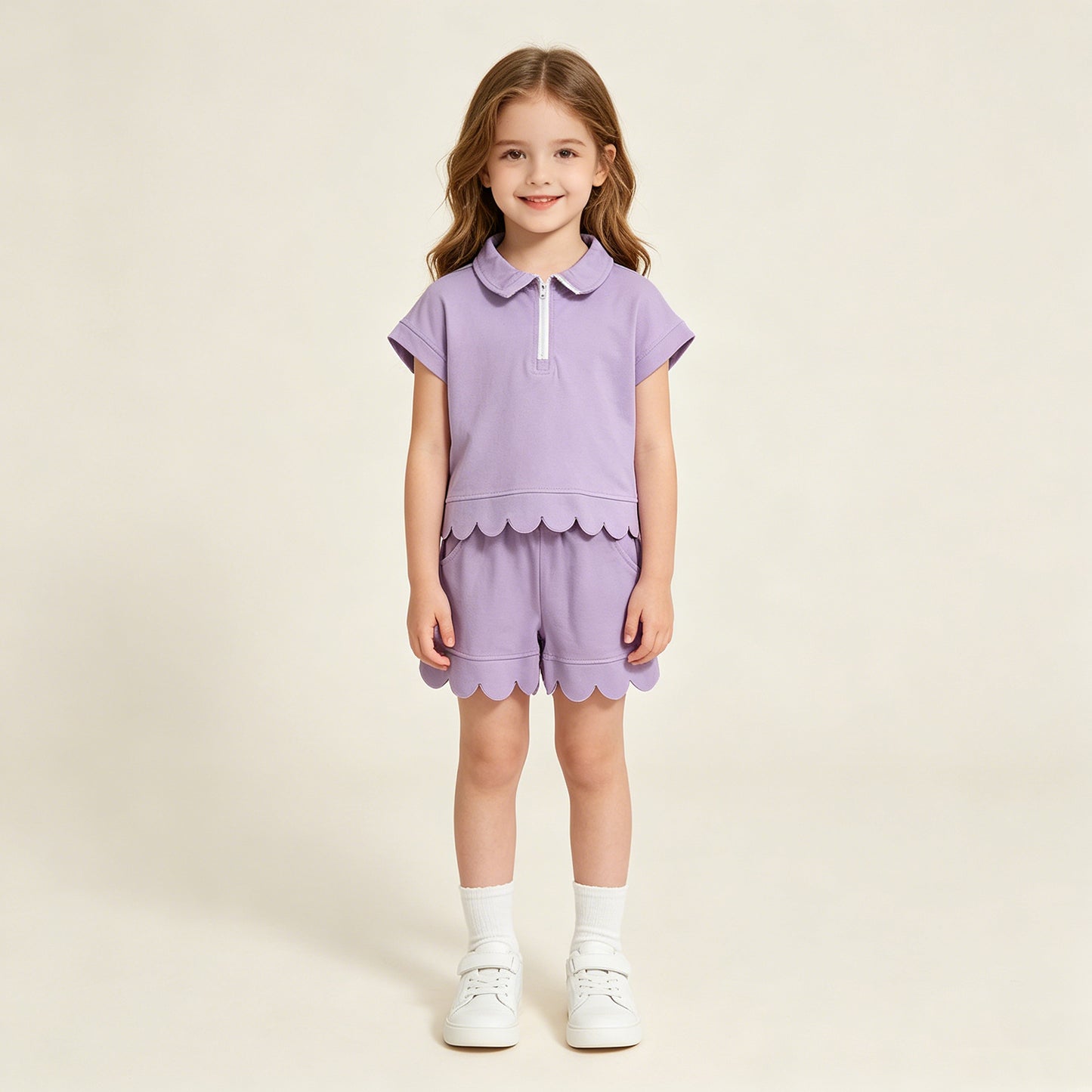 GSSO3377 RTS NO MOQ （In stock）Baby Girls Summer Fashion Short Sleeve Lavender Zipper Scallop Pullover Top Pockets Short Checked Set