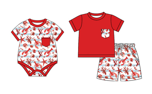 Kids Boys Red Pocket Top Crawfish Stripe Shorts Set Casual Clothing Outfit