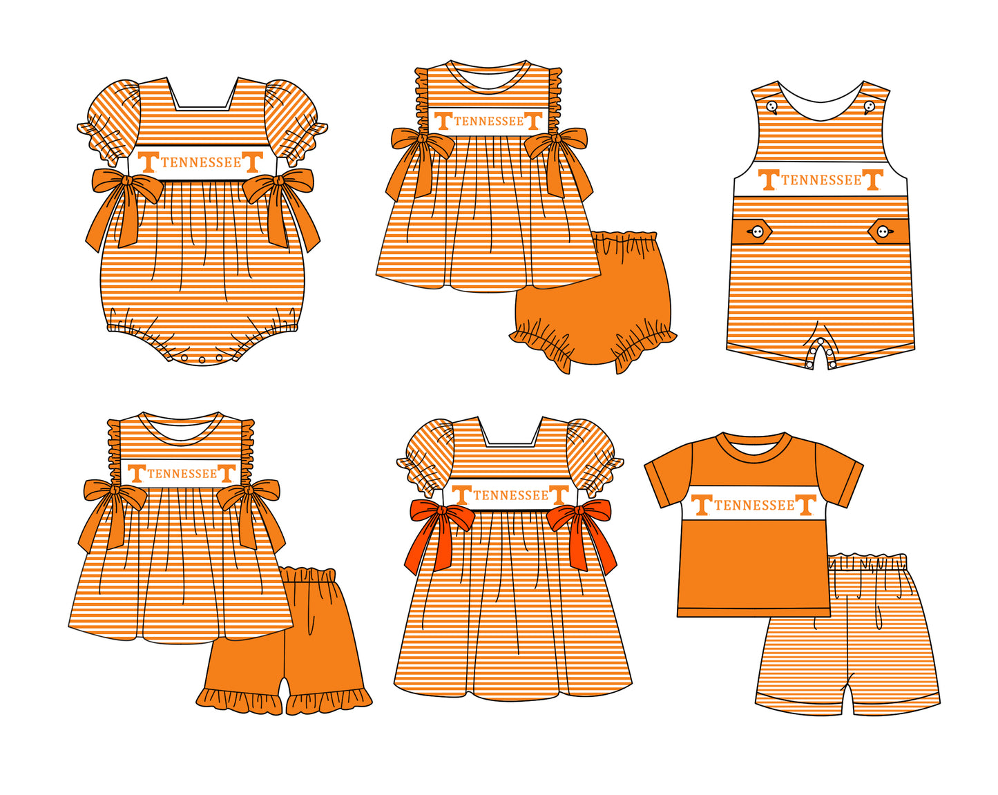 CUSTOM MOQ 5 Sibling Baby Kids Orange Stripe Top Ruffles Shorts Clothes Set Knee Length Dress Rompers