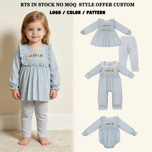 RTS NO MOQ Sibling milk silk Embroidery Turkey Pumpkins Baby Girls Tunic Leggings Thanksgivings Set Rompers