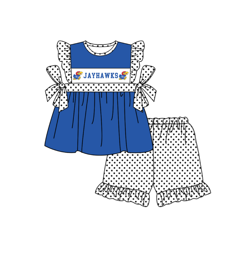 CUSTOM MOQ 5 Sibling Baby Kids Blue Polka Dots Top Shorts Clothes Set Knee Length Dress Rompers