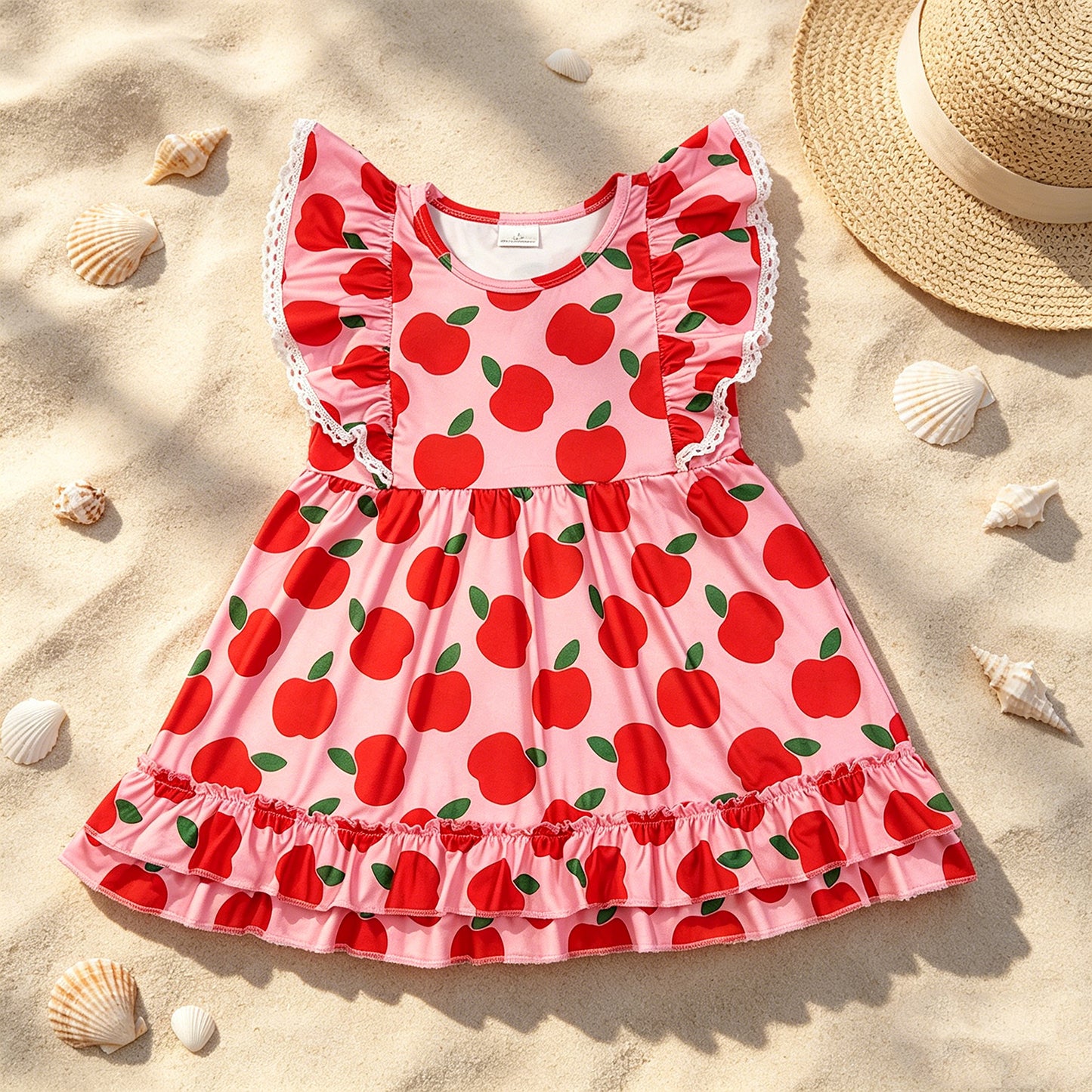 GSD3510 RTS NO MOQ （In stock ）Flutter sleeves apple ruffle kids girls back to school dress
