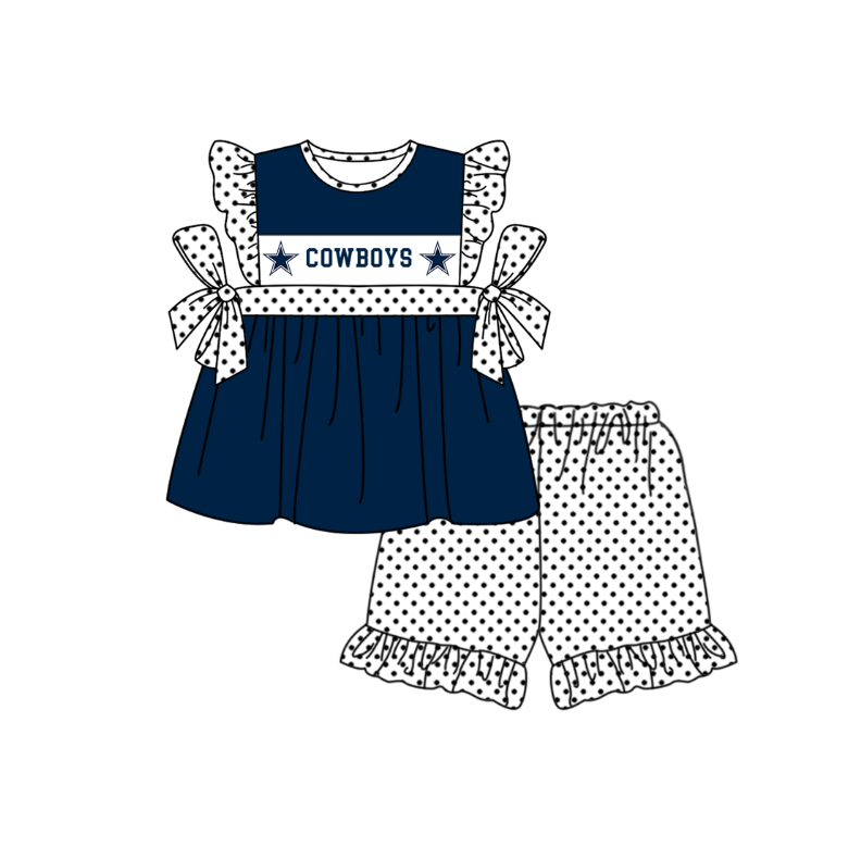 CUSTOM MOQ 5 Sibling Baby Kids Dark Blue Star Top Shorts Clothes Set Knee Length Dress Rompers