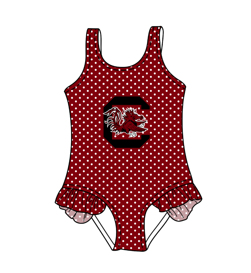 CUSTOM MOQ 5 Cute Comfortable Clothing For Kids Baby Girls Red C Polka Dots Ruffle Team One Piece Swimsuits