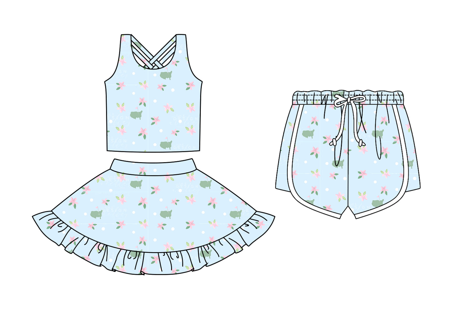 CUSTOM MOQ 5 Sibling Baby Girls Sleeveless Sky Blue Flowers Skirt Bottom Shorts Yoga Active Clothes Sets