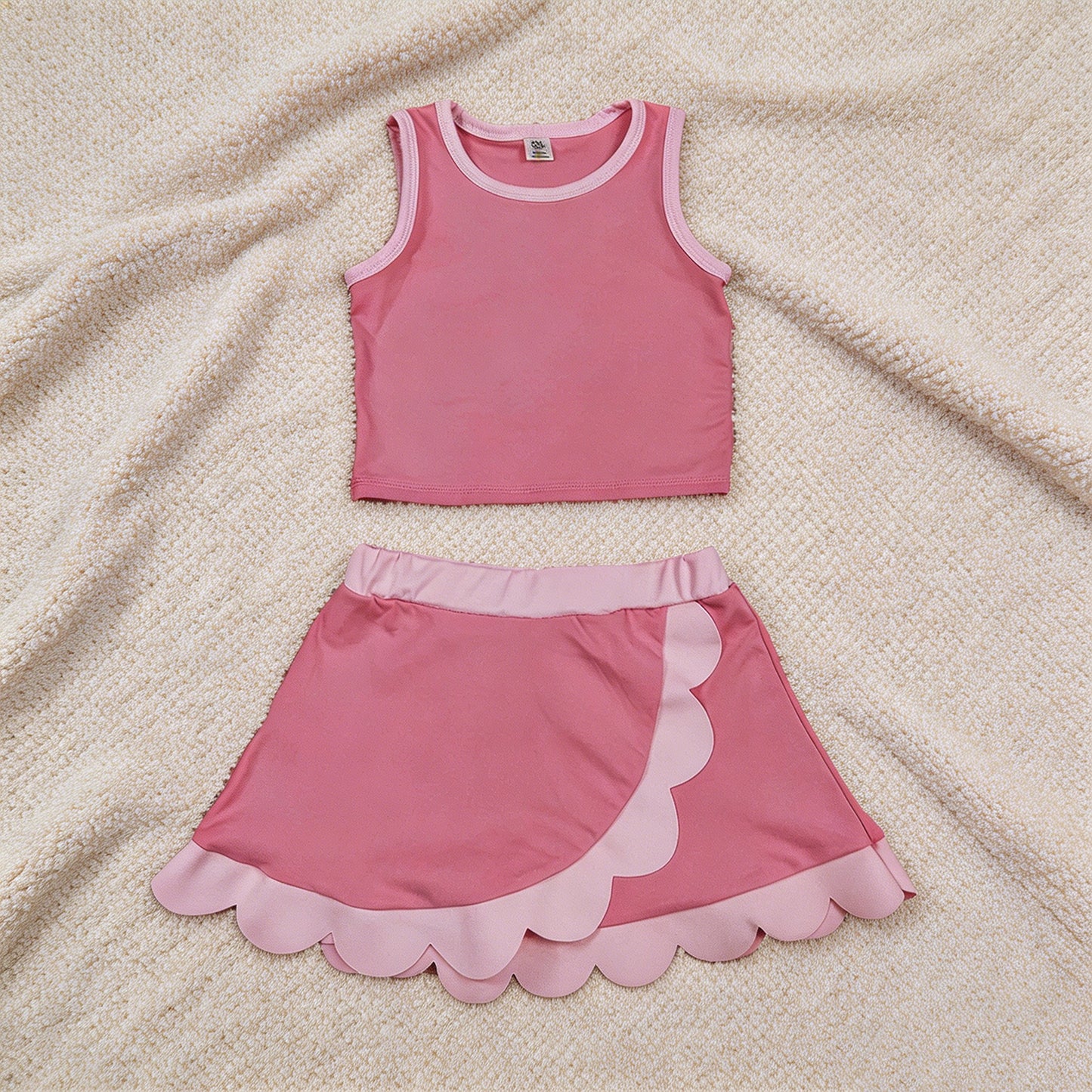 GSD4063 RTS NO MOQ （In stock）Baby Girls Sleeveless Pink Vest Scallop Skirt Short Yoga Active Clothes Set
