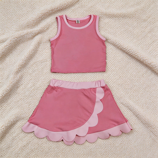 GSD4063 RTS NO MOQ （In stock）Baby Girls Sleeveless Pink Vest Scallop Skirt Short Yoga Active Clothes Set