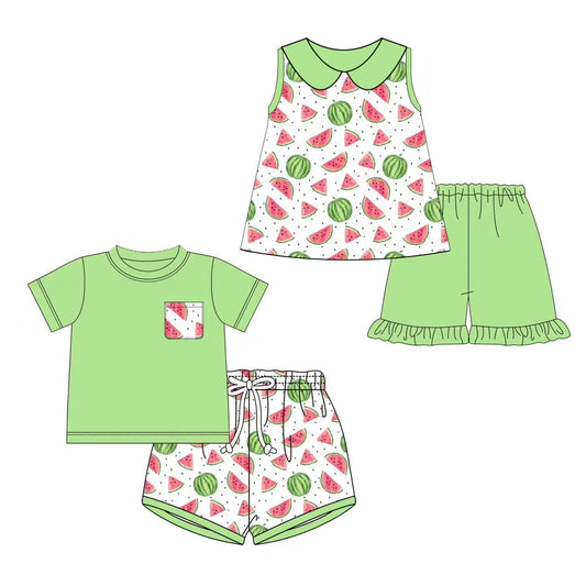 Girls Green Sleeveless Watermelon Print Top with Ruffle Shorts Summer Clothing Set for Kids