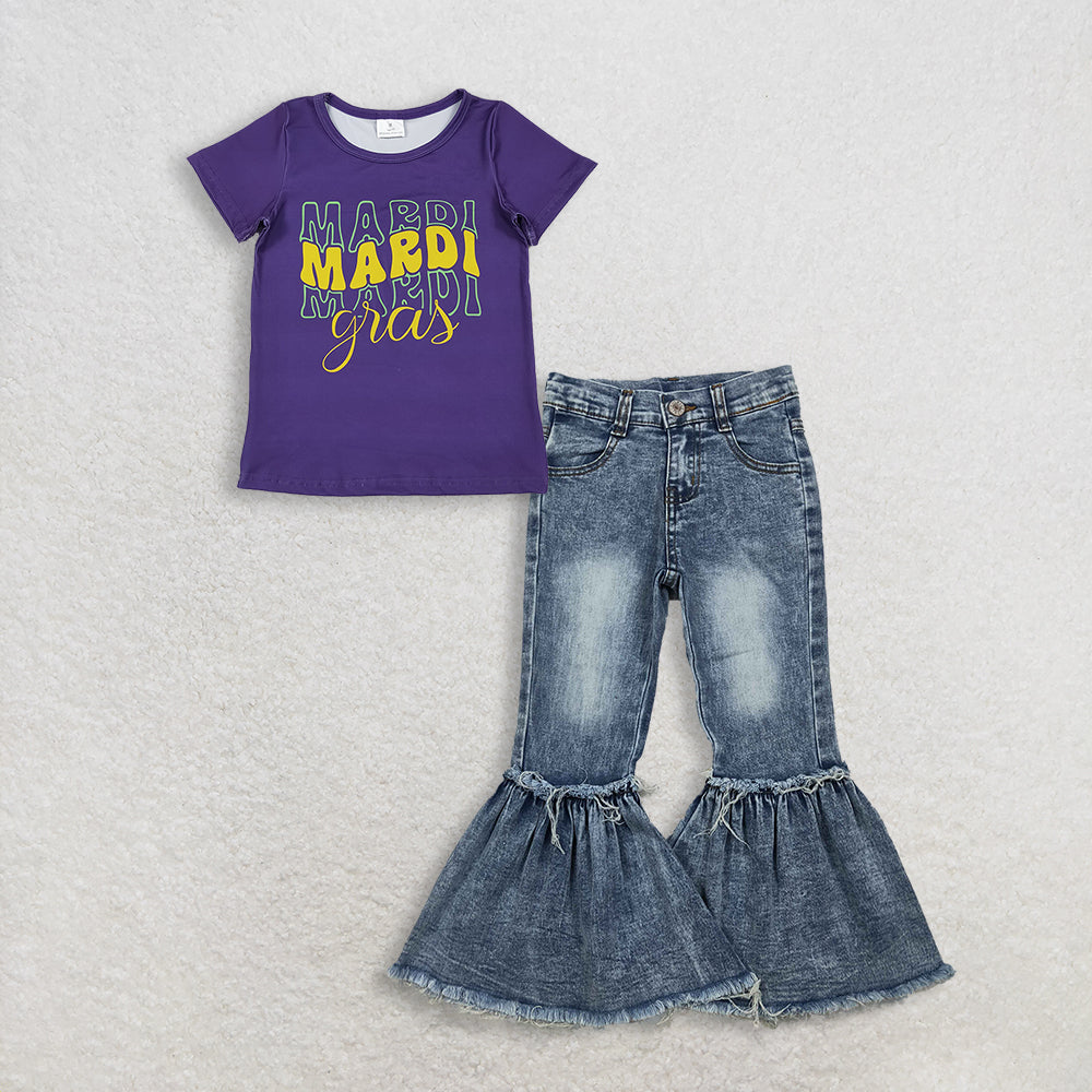 3.3 RTS NO MOQ （In stock）GT1253 + P0676 Baby Girls Summer Purple Short Sleeve Mardigras Tee Shirts Top Denim Jeans Pants Clothes Sets