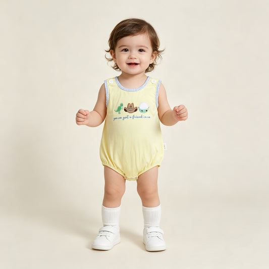 SR4106 RTS NO MOQ （In stock）Yellow dinosaur embroidery baby boy summer romper