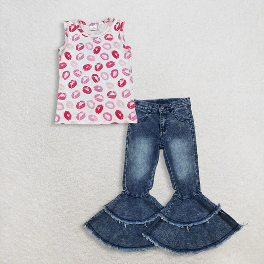 3.2 RTS NO MOQ （In stock）GT1419 + C5-15 Summer Baby Girls Red Sleeveless Shirt Denim Jeans Pants Clothes Sets