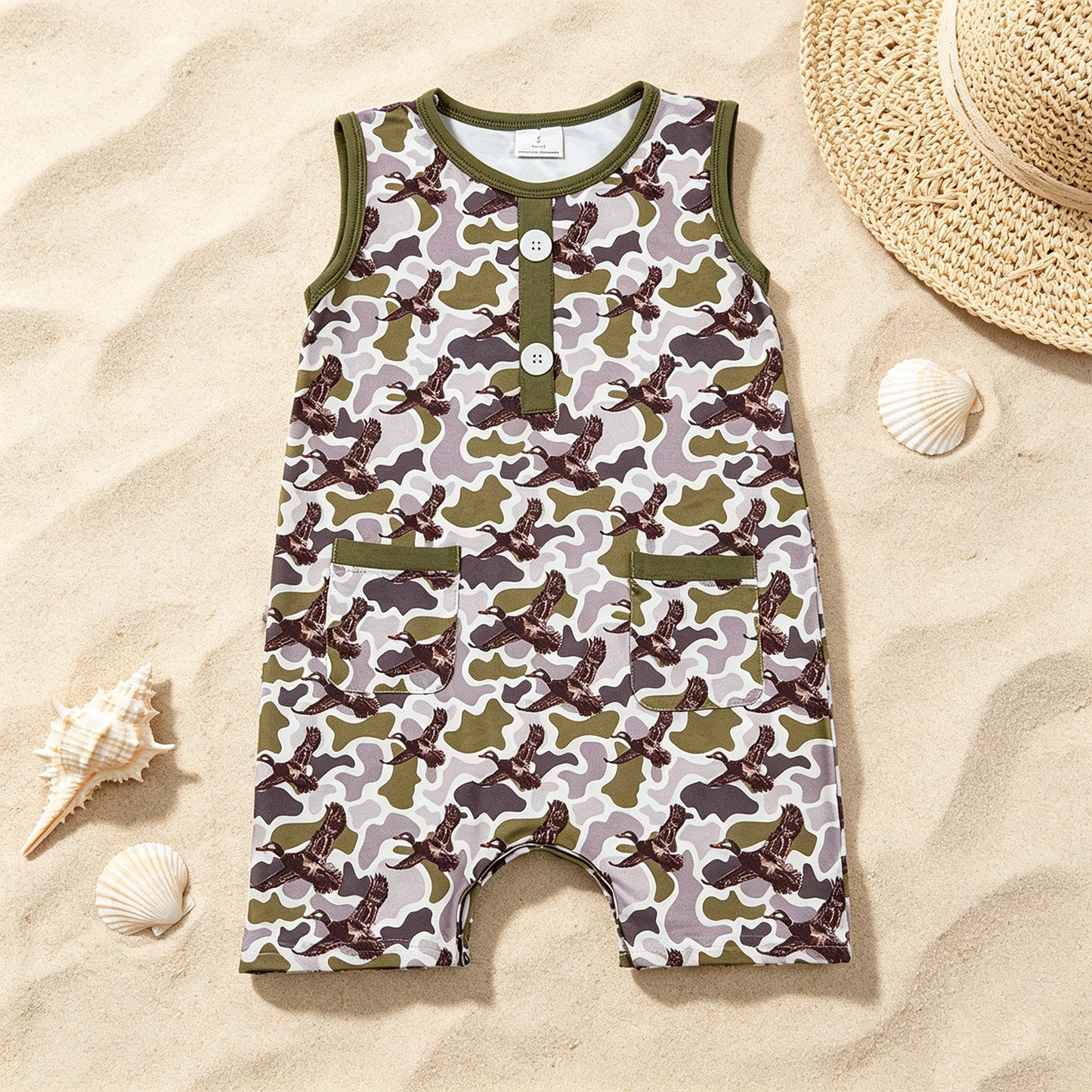 SR3946 RTS NO MOQ （In stock）Sleeveless camo duck pockets baby boy summer romper