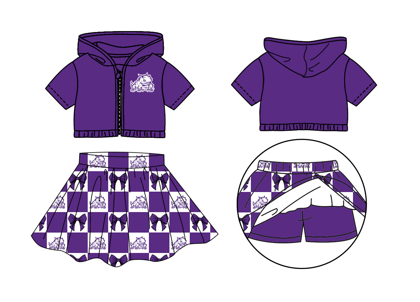 CUSTOM MOQ 5 Sibing Kids Clothing for Girls Baby Girls Purple Bow Top Skirts Yoga Active Team Clothes Sets Knee Length Dress Shorts