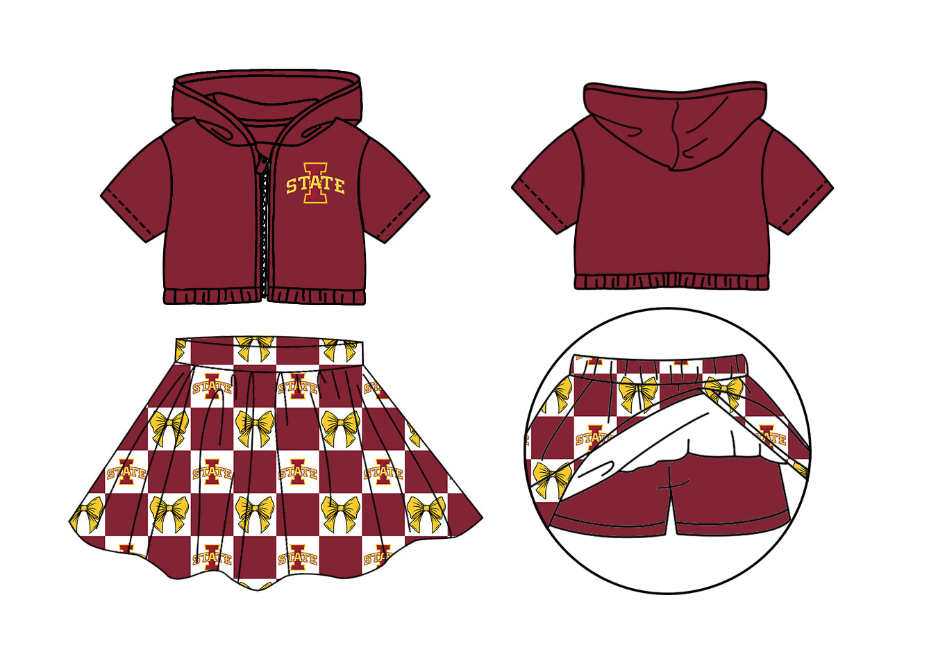 CUSTOM MOQ 5 Sibing Kids Clothing for Girls Baby Girls Dark Red I Bow Top Skirts Yoga Active Team Clothes Sets Knee Length Dress Shorts