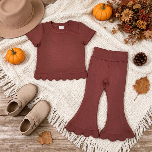 RTS NO MOQ （In stock）cotton GSPO2347（GT1777+P1085）Baby Girls Brown Short Sleeve Shirts Top Flare Pant Scallop Set