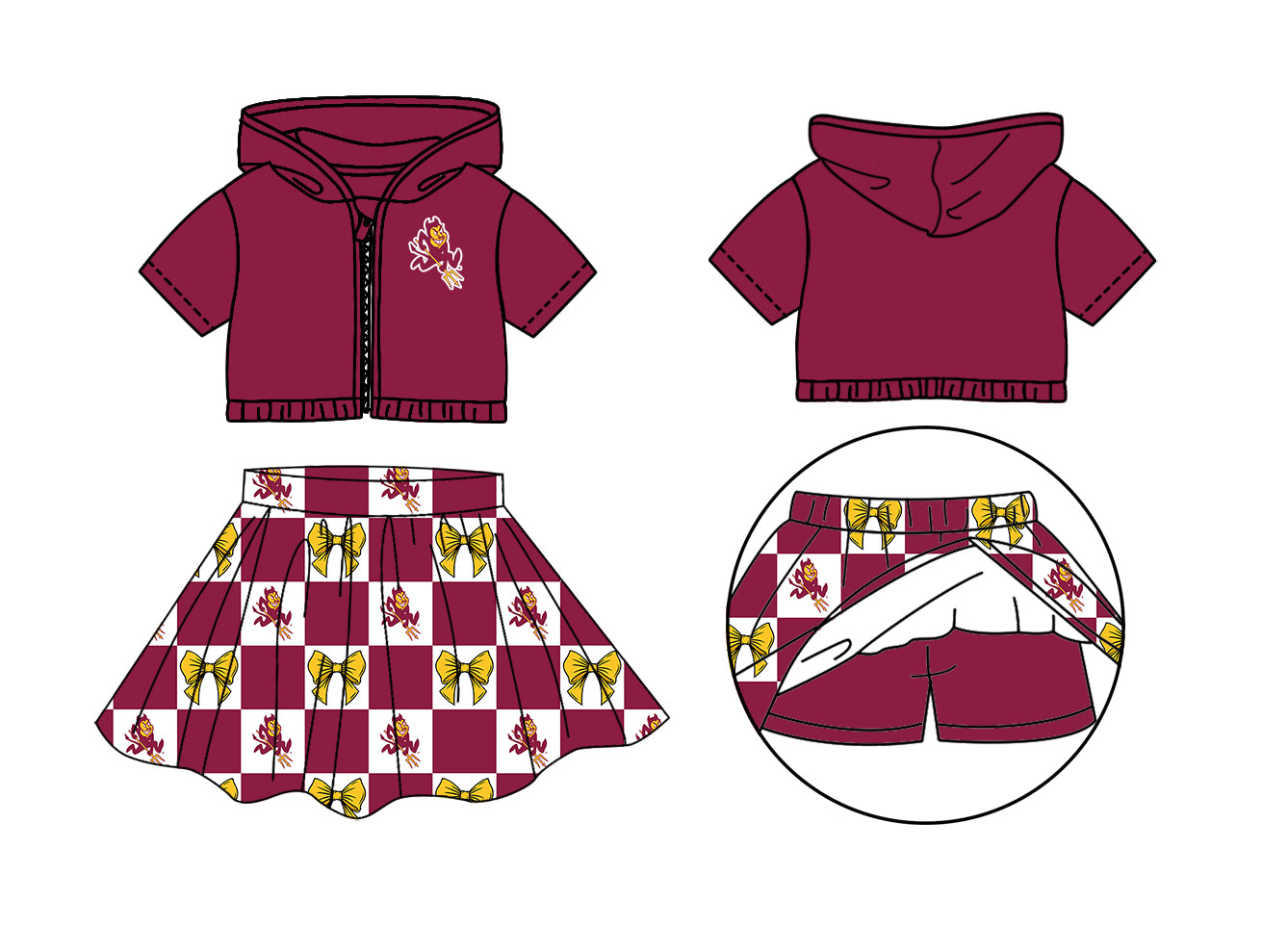 CUSTOM MOQ 5 Sibing Kids Clothing for Girls Baby Girls Dark Red Bow Top Skirts Yoga Active Team Clothes Sets Knee Length Dress Shorts