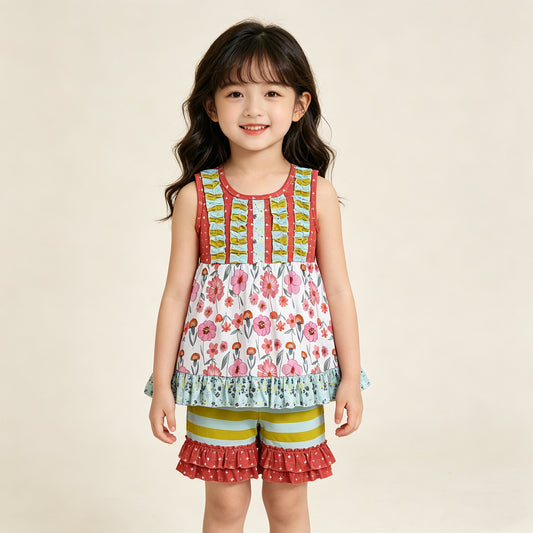4.11 GSSO3740 RTS NO MOQ （In stock ）Baby Girls Sleeveless Flowers Tunic Stripe Ruffle Short Clothes Sets
