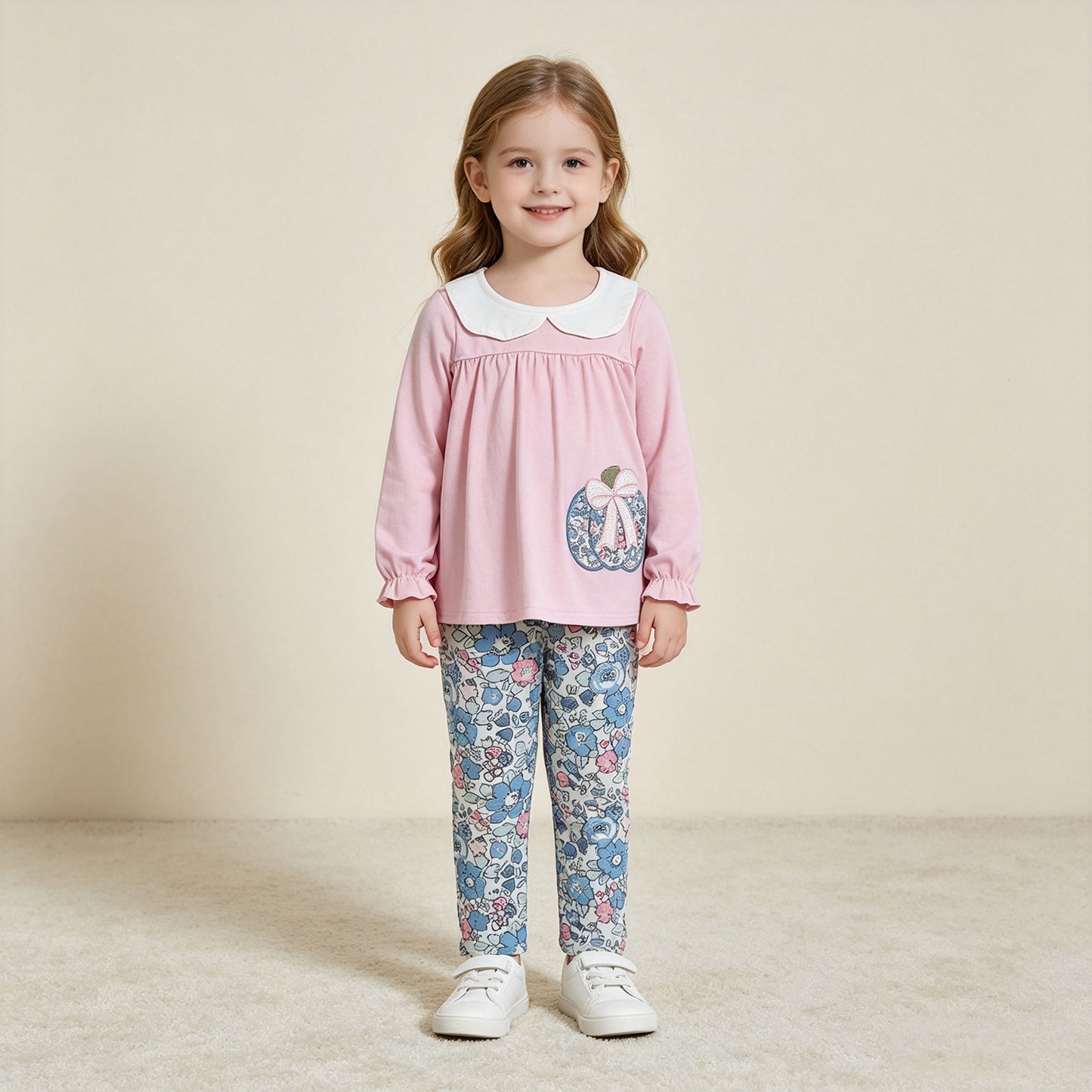 RTS NO MOQ （In stock）milk silk GLP3319  Embroidery Flowers Pumpkins Baby Girls Collar Tunic Leggings Fall Clothes Sets