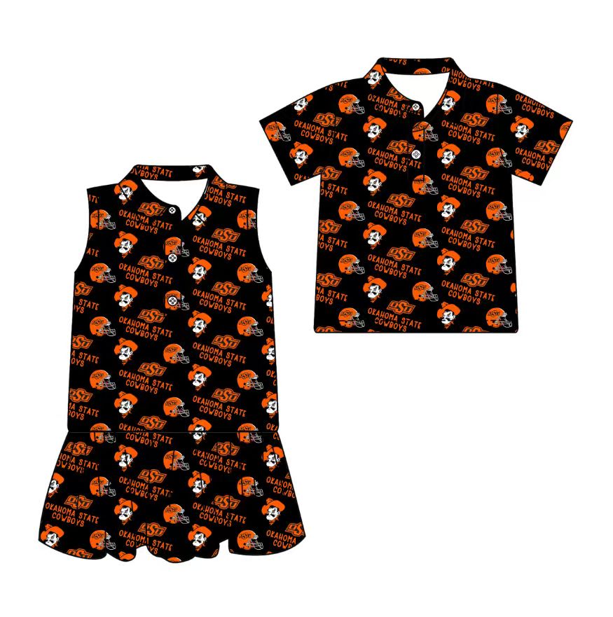 3.13 CUSTOM MOQ 5 Sibling Boys Baby Girls Summer Fashion Short Sleeve Black Orange Button Polo Shirts Sleeveless Dress Team Clothes Sets