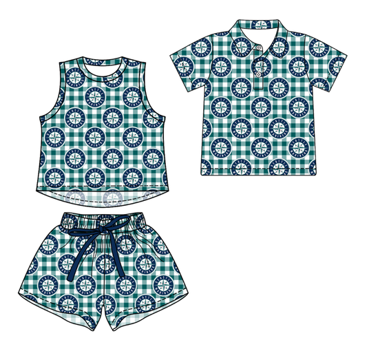 3.14 CUSTOM MOQ 5 Sibling Boys Baby Girls Summer Fashion Green Check Sleeveless Top Shorts Button Polo Shirts Team Clothes Sets
