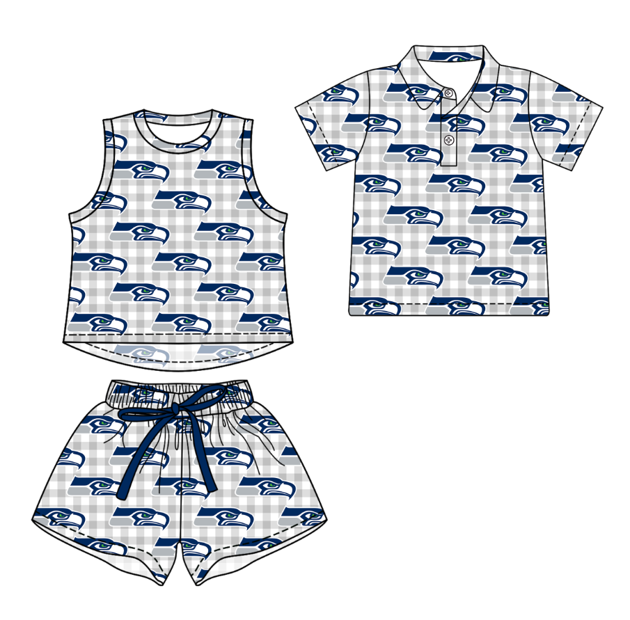 3.17 CUSTOM MOQ 5 Sibling Boys Baby Girls Summer Fashion Gray Check Sleeveless Top Shorts Button Polo Shirts Team Clothes Sets
