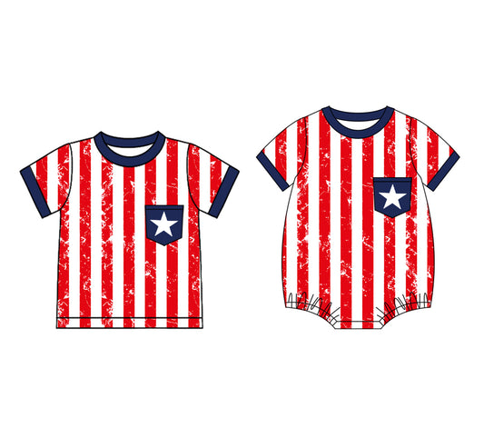 CUSTOM MOQ 5 Sibling Baby Boys Summer Red Star Short Sleeve Buttons Tee Shirt Tops Rompers Clothes Sets