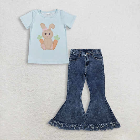 3.6 RTS NO MOQ （In stock）GT1395 + P0132 Baby Girls Short Sleeve Rabbits Carrots Easter T-shirts Top Denim Pants Jeans Clothes Sets