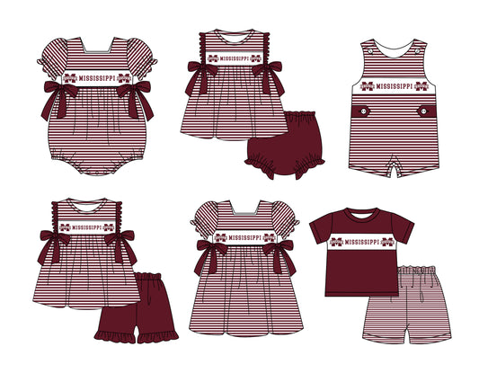 CUSTOM MOQ 5 Sibling Baby Kids Dark Red Stripe Top Ruffles Shorts Clothes Set Knee Length Dress Rompers