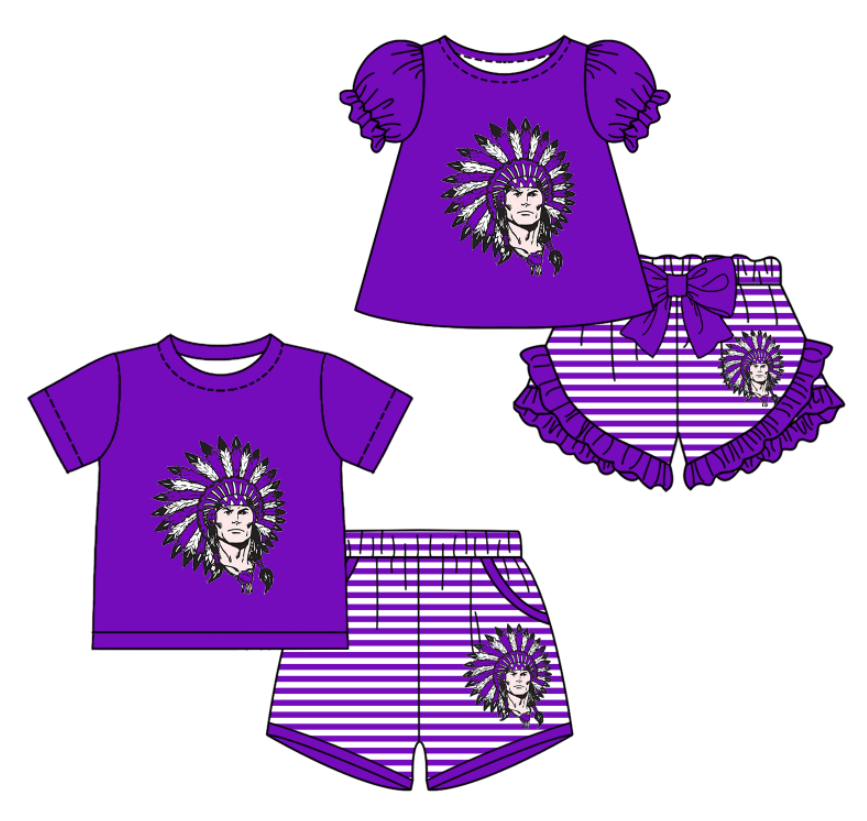 CUSTOM MOQ 5 Sibling Boys Baby Girls Purple Top Stripe Shorts Clothes Sets