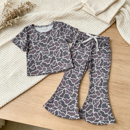 RTS NO MOQ milk silk GSPO1889 Baby Girls Short Sleeve Camo Shirts Top Bell Bottom Pant Sets