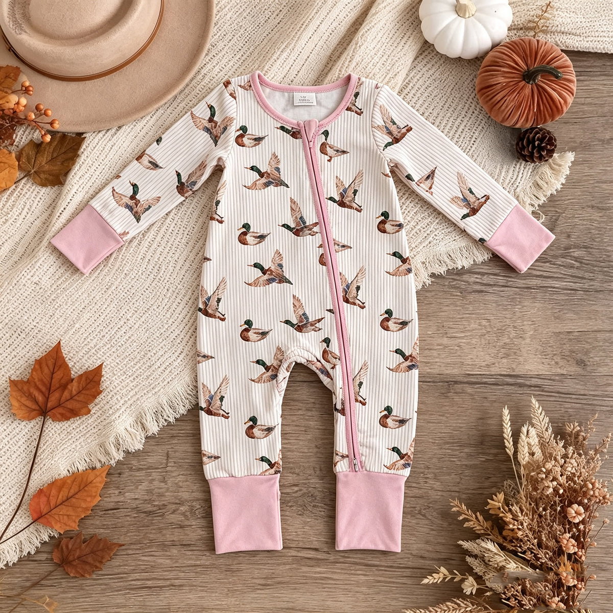 RTS NO MOQ （In stock）milk silk LR3218 Baby Girls Pink Stripe Ducks Hunting Two Way Zip Convertible Rompers