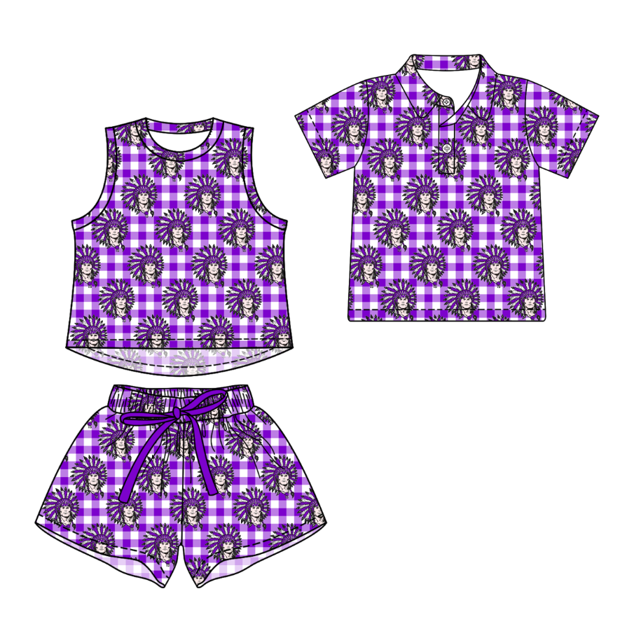 3.13 CUSTOM MOQ 5 Sibling Boys Baby Girls Summer Fashion Purple Check Sleeveless Top Shorts Button Polo Shirts Team Clothes Sets