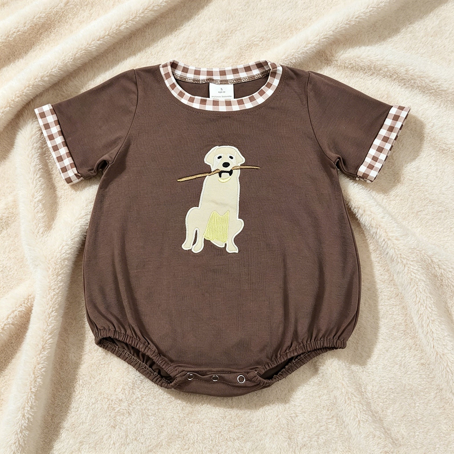 SR3470 RTS NO MOQ （In stock）Short sleeves brown dog embroidery kids boys summer romper