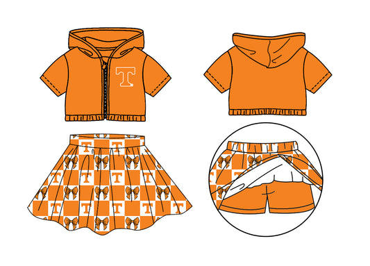 CUSTOM MOQ 5 Kids Clothing for Girls Baby Girls Orange T Bow Hoodie Top Skirt Team Clothes Sets