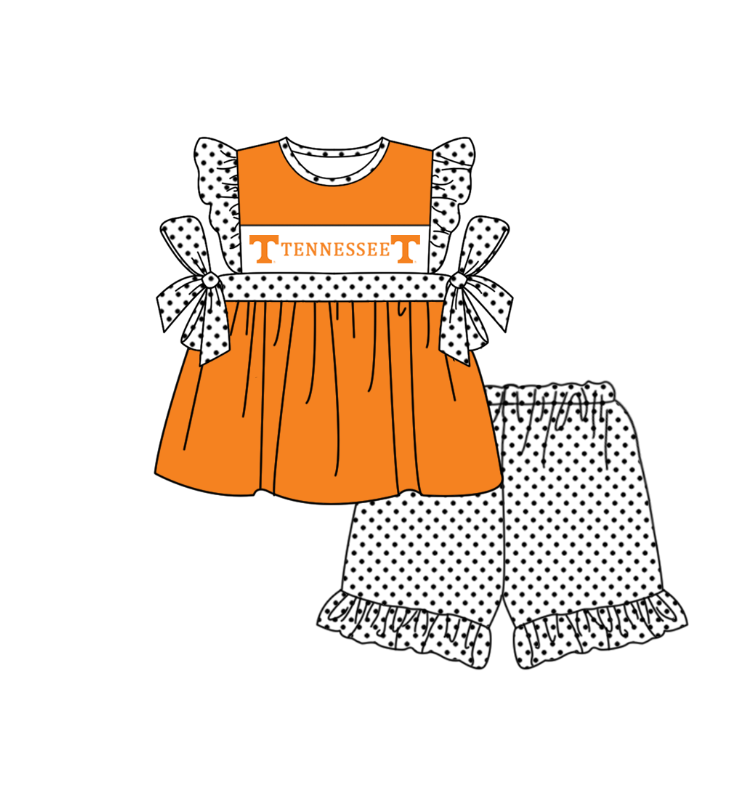 CUSTOM MOQ 5 Sibling Boys Baby Girls Orange Polka Dots Top Shorts Clothes Set Knee Length Dress Rompers