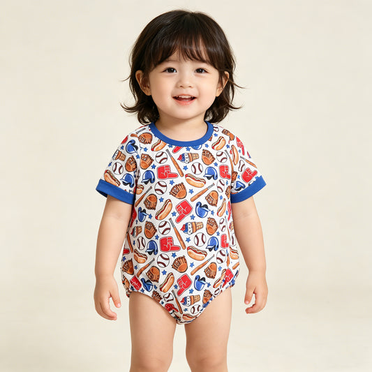 4.13 SR4030 RTS NO MOQ （In stock）Short sleeves baseball baby boy summer romper