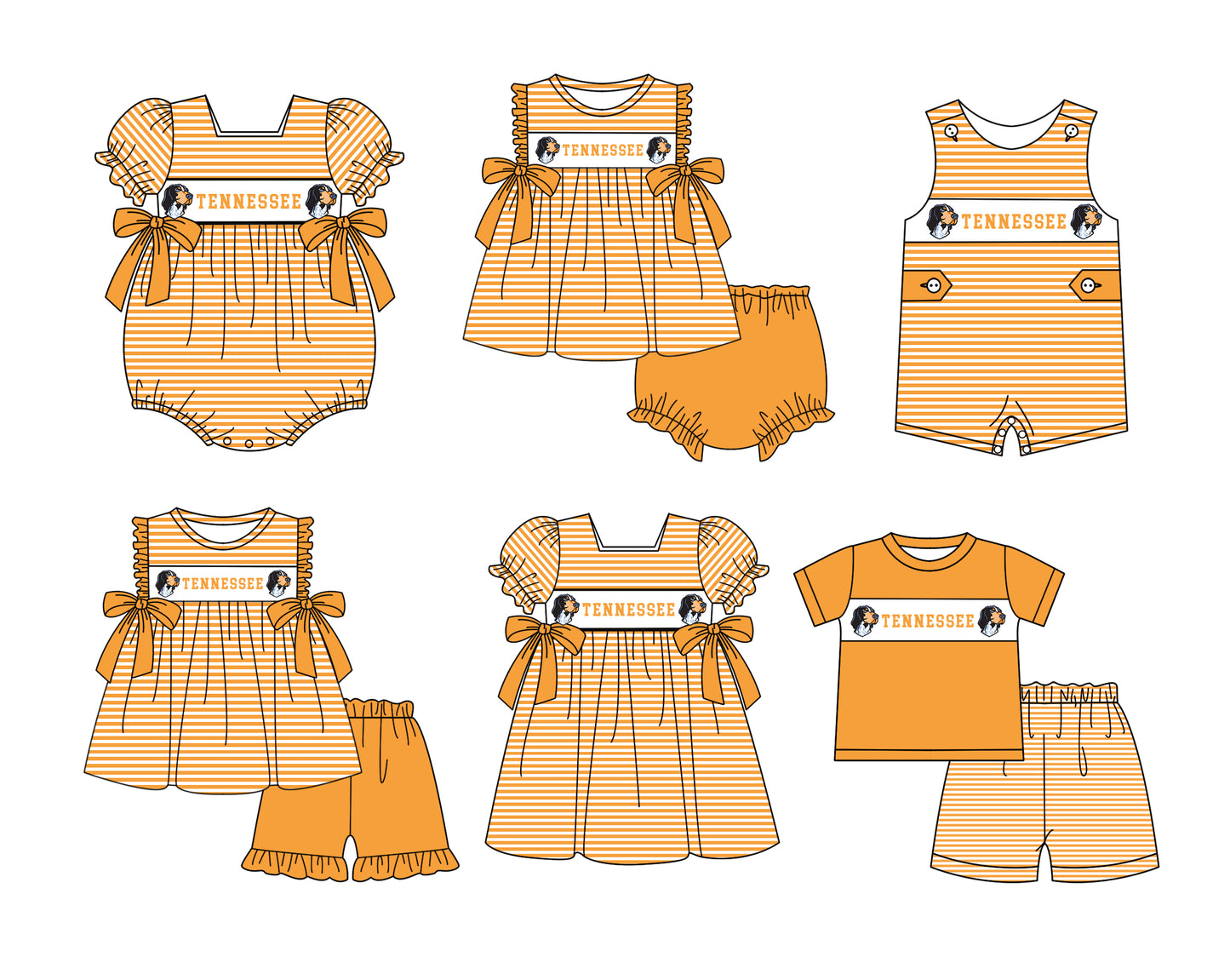 CUSTOM MOQ 5 Sibling Boys Baby Girls Orange Color Stripe Top Ruffles Shorts Clothes Set Knee Length Dress Rompers