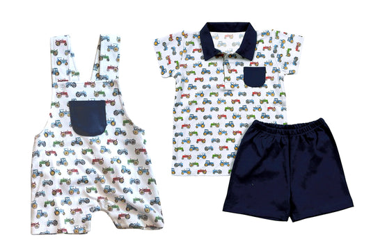 Baby Boys Short Sleeves Button Down Pocket Trucks Top Navy Short Farm Set