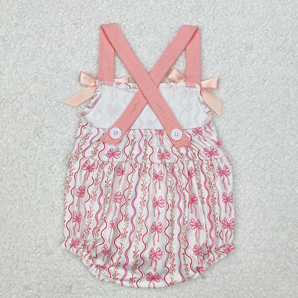 SR2704Floral Baby Girls Summer Romper with Pink Straps Bow - Cute Infant Outfit for Girls