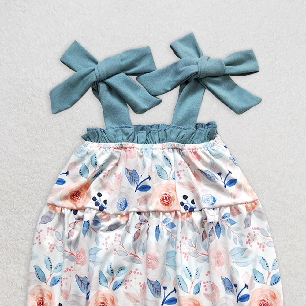 SR0907  RTS NO MOQ Baby Girls Summer Rompers Baby Infant Girls Dark Blue Flowers Straps Rompers
