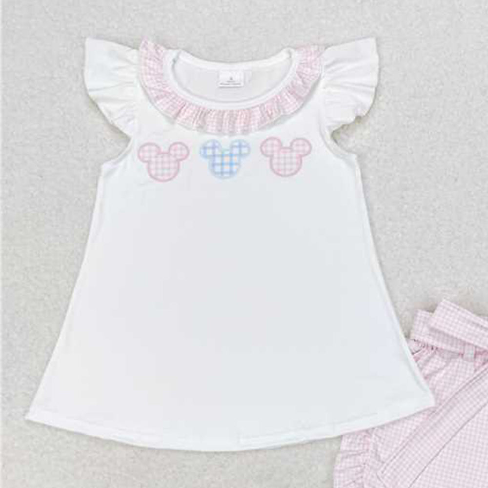 4.12 GSSO1136 RTS NO MOQ White flutter sleeves mouse top pink plaid shorts girls clothes