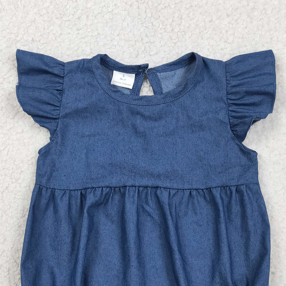 2.3 RTS NO MOQ （In stock）SR3734 Baby Girls Hot Blue Flutter Sleeve Denim Ruffle Rompers