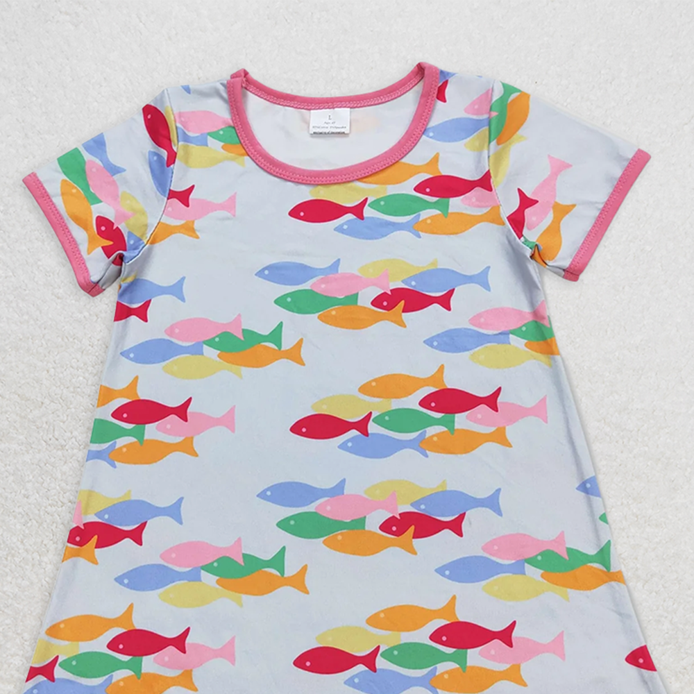 GSD0813 RTS NO MOQ Baby Girls Summer Dress Colorful fish pink and blue short-sleeved dress