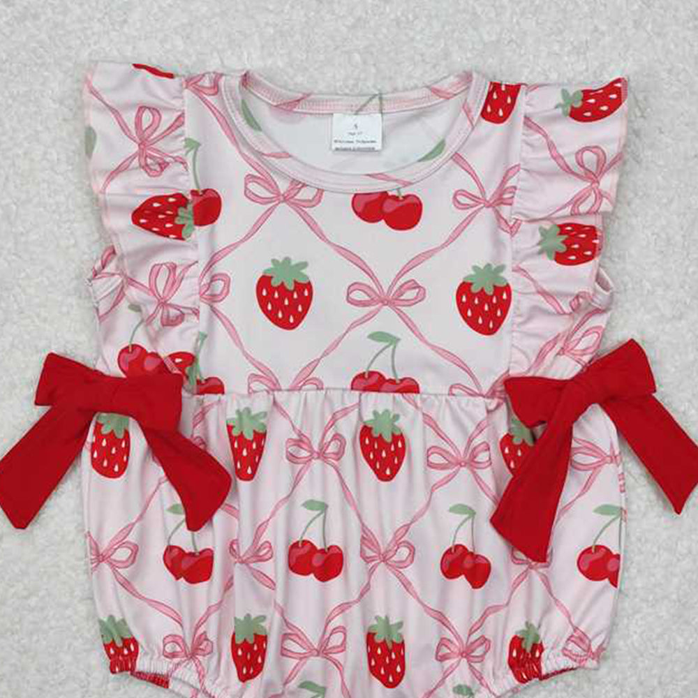 SR2295 RTS NO MOQ Ruffle pink bow strawberry cherry baby girls romper